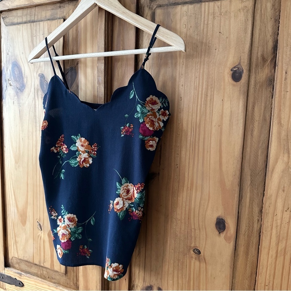 Monteau Los Angeles Dark Florals Navy Blue Spaghetti Strap Tank Camisole - Small